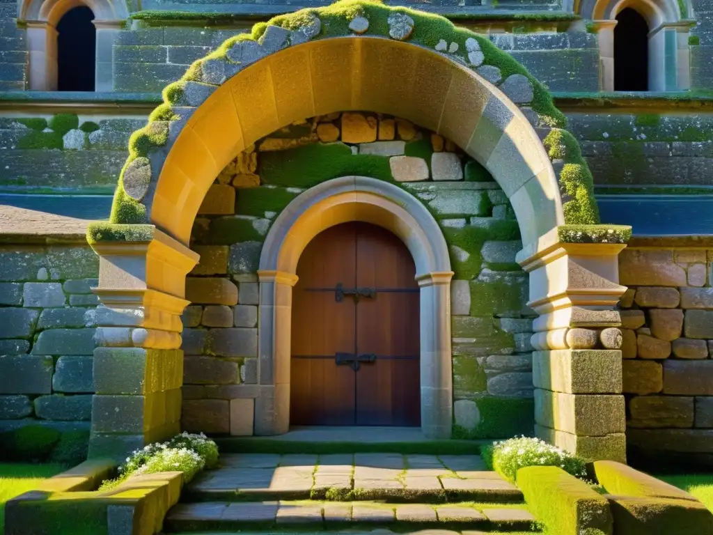 Entrada a iglesia románica bien conservada con arco de piedra adornado con motivos florales y geométricos, iluminada por cálida luz solar