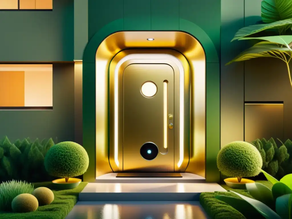 A vintage smart home entrance with a retrofuturistic door, lush greenery, and a warm, inviting ambiance