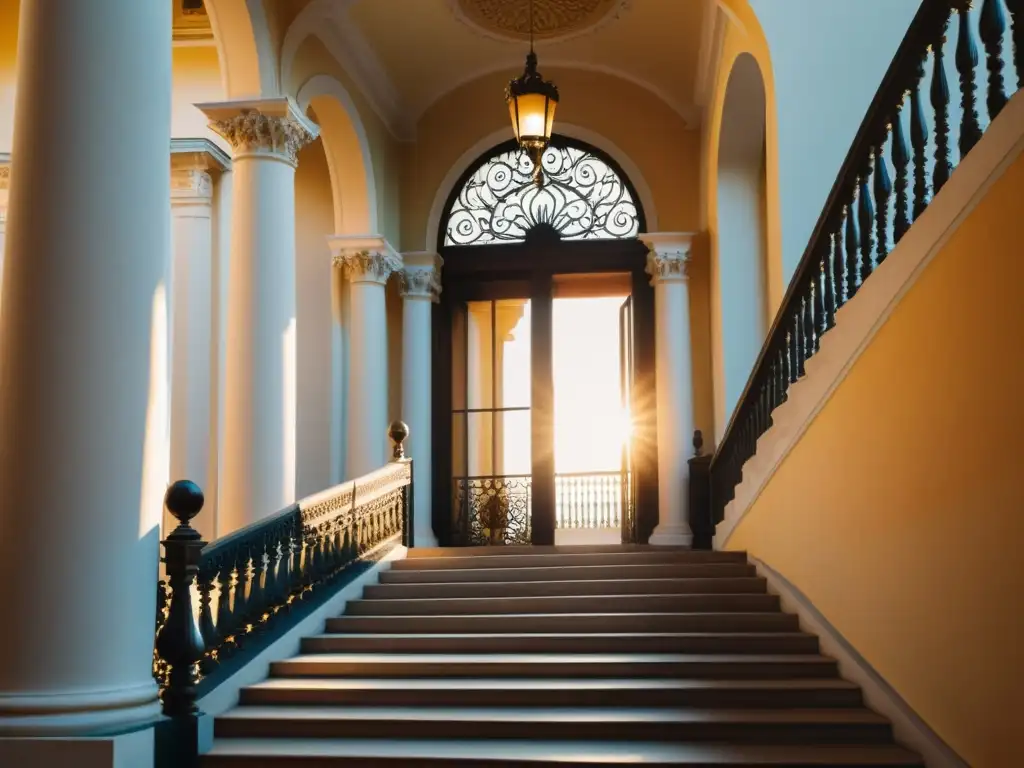 Entrada majestuosa de un edificio barroco, iluminada por el cálido atardecer