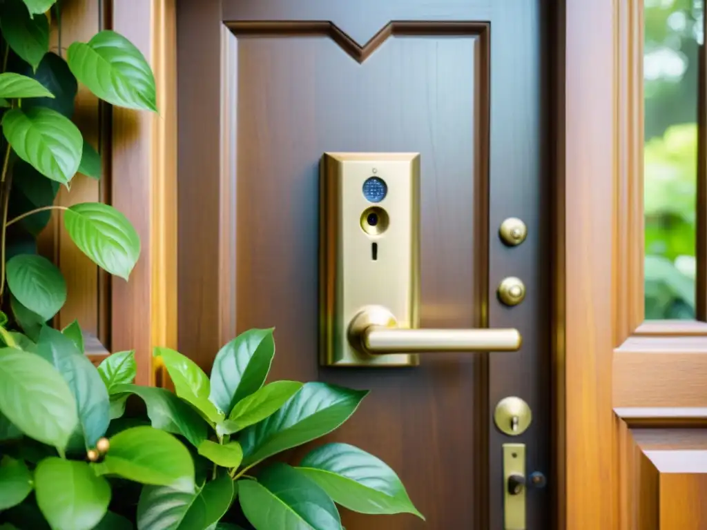 Entrada vintage a un hogar inteligente con puerta de madera, llave antigua en la cerradura y vegetación exuberante