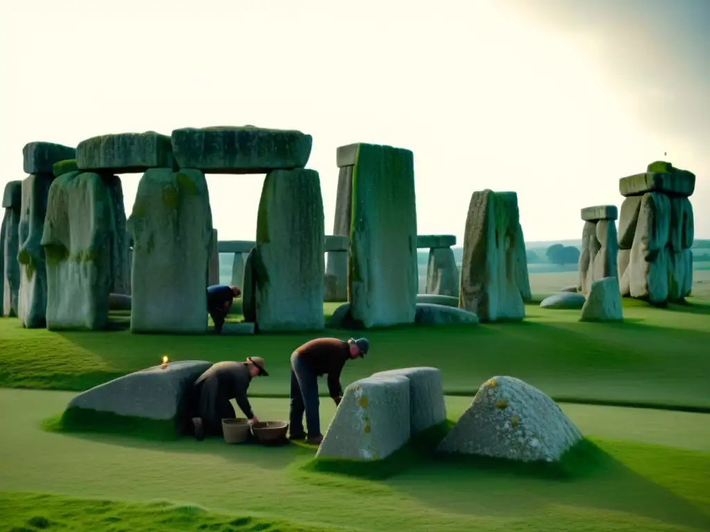 Equipo de arqueólogos excavando meticulosamente en Stonehenge, revelando la historia con métodos de levantamiento de Stonehenge