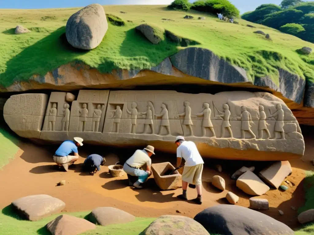 Equipo de arqueólogos excavando alrededor de una imponente construcción megalítica en un ambiente lleno de misterio y descubrimiento