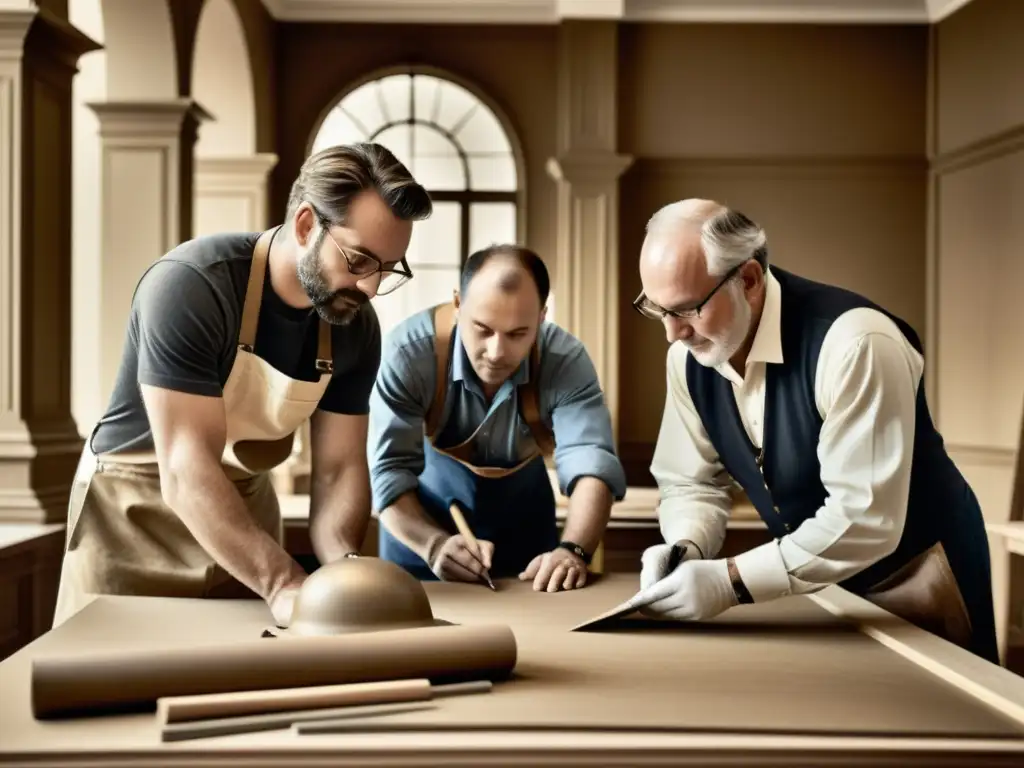 Arquitectos restaurando edificio histórico: detalle y pasión Equipo de restauración arquitectónica contemporáneo meticuloso en la preservación de un edificio histórico