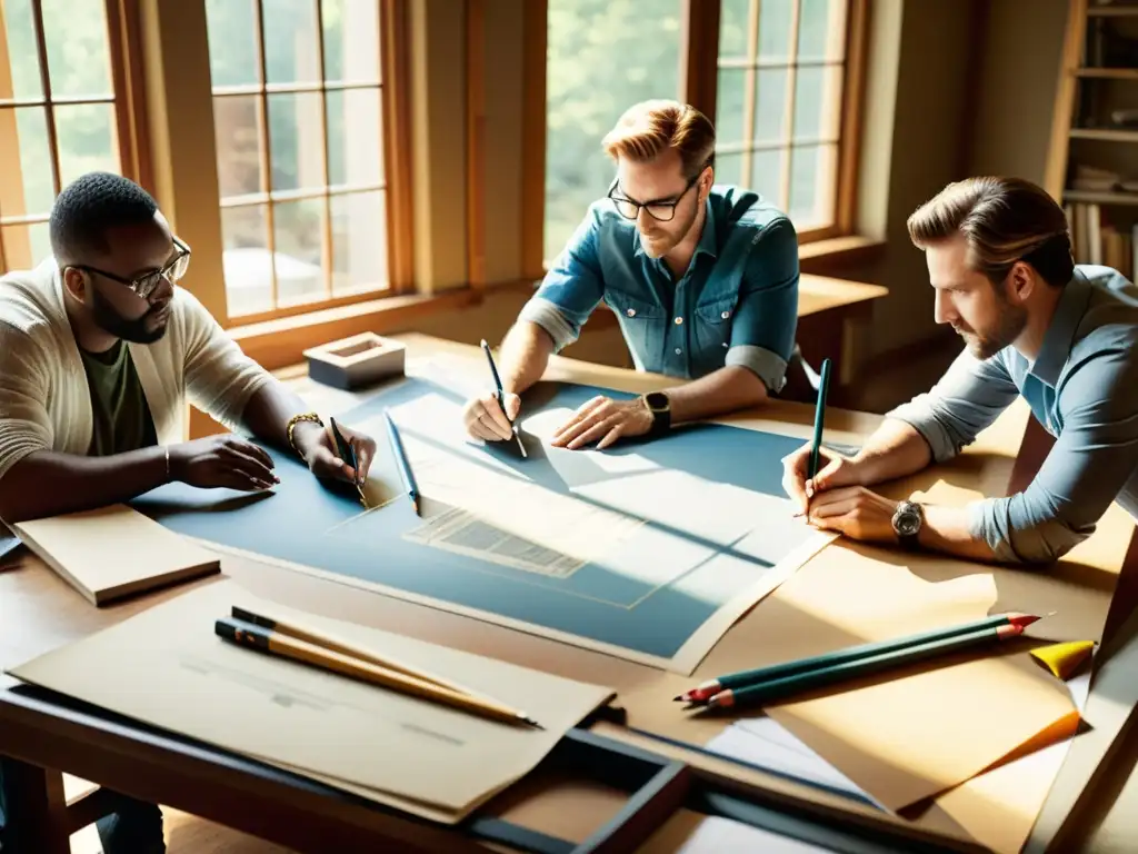 Equipo de arquitectos y diseñadores colaborando en una mesa de dibujo, con herramientas y planos antiguos