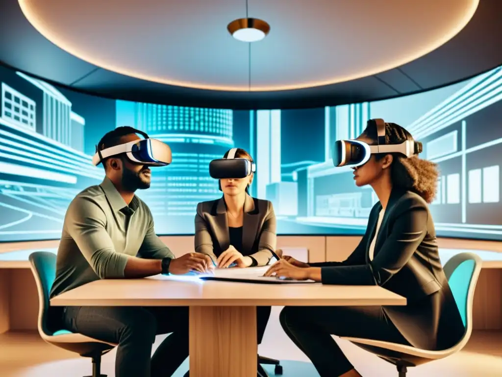 Un equipo de arquitectos colaborando en un entorno de realidad virtual, con detalles futuristas y herramientas de diseño, mostrando el potencial de las plataformas de realidad virtual para el trabajo arquitectónico