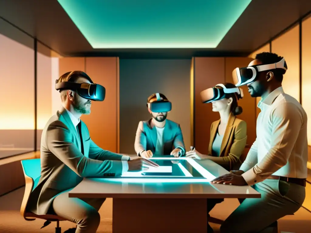 Equipo de arquitectos colaborando en un entorno de realidad virtual retrofuturista para un proyecto arquitectónico