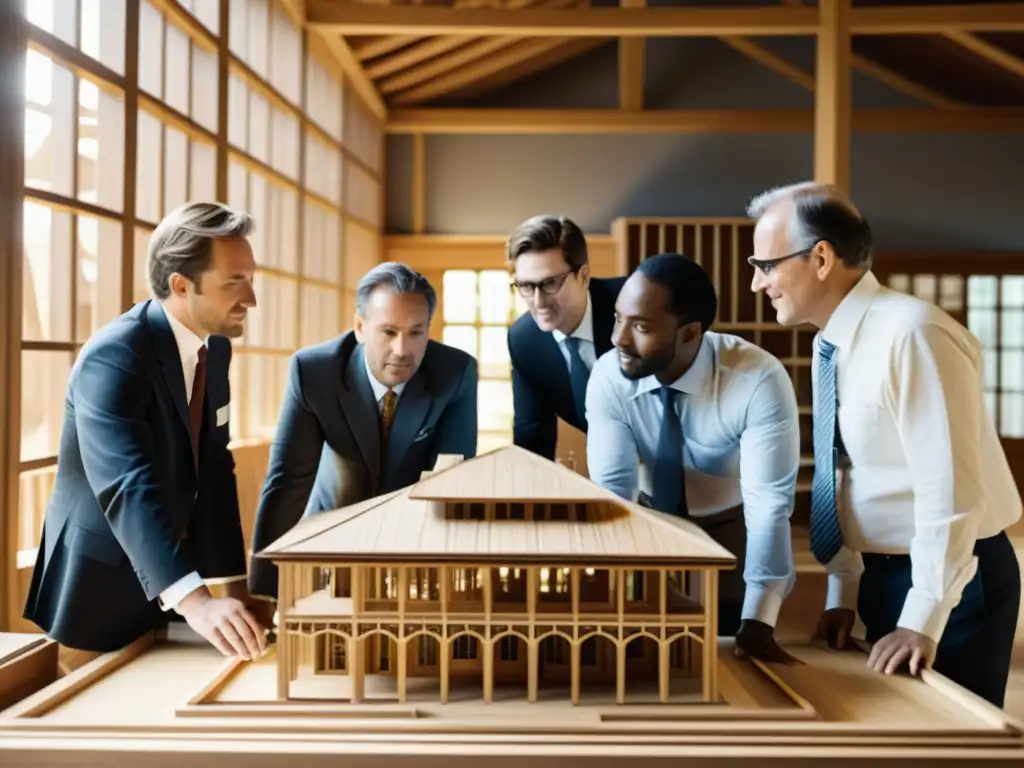 Equipo de arquitectos y ingenieros discuten detallado modelo de edificio histórico Tamedia