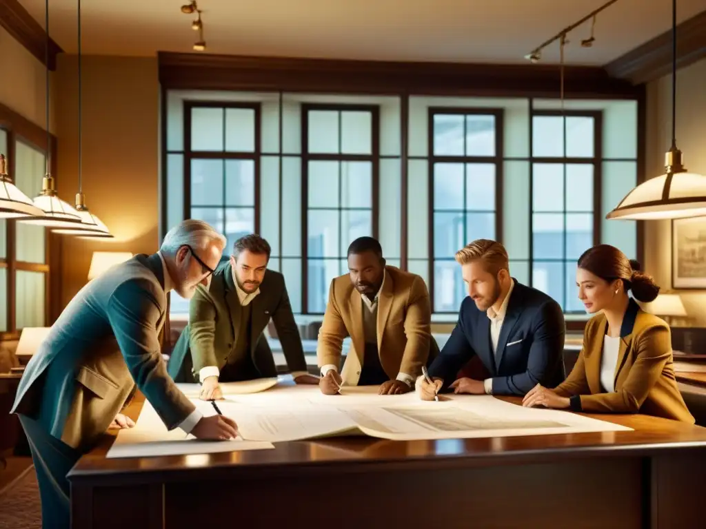 Un equipo de arquitectos y ingenieros se reúne en una oficina vintage, debatiendo sobre diseño sostenible bajo la cálida luz de lámparas antiguas