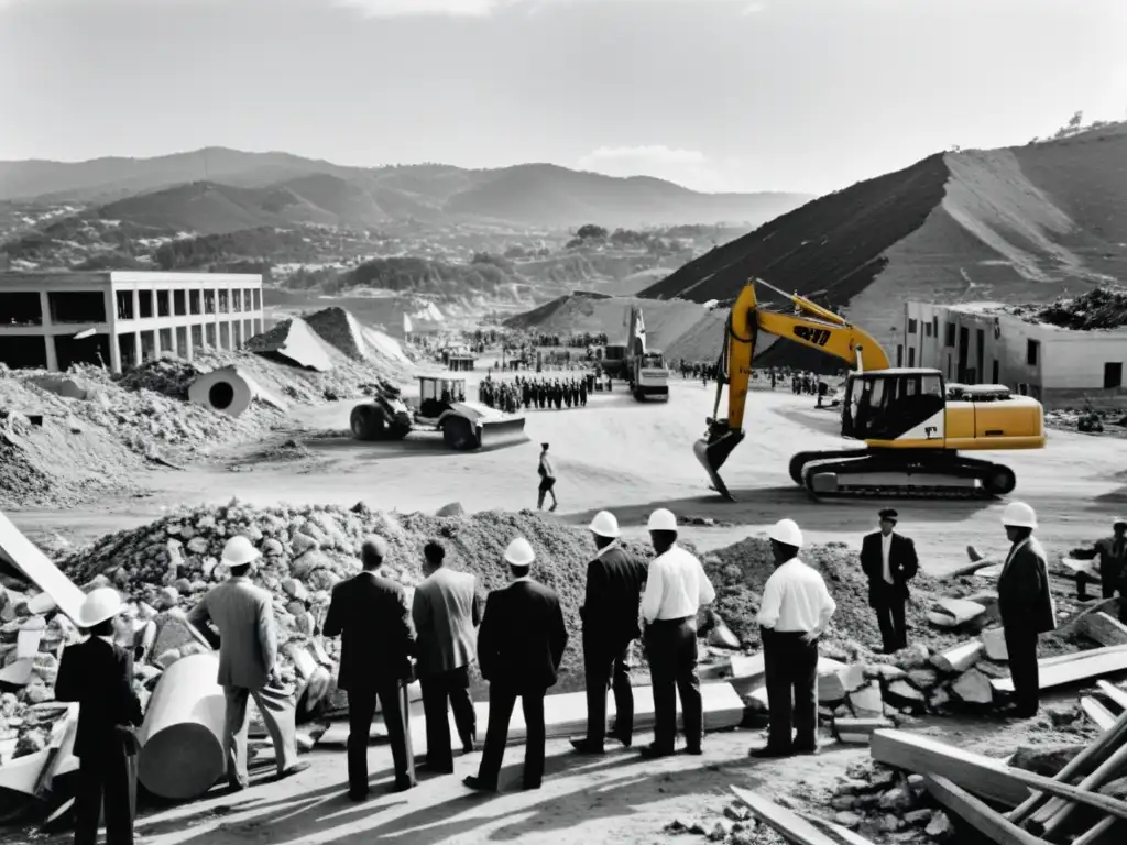 Equipo de arquitectos y ingenieros planeando la reconstrucción arquitectónica tras terremotos, mientras la ciudad se levanta de nuevo