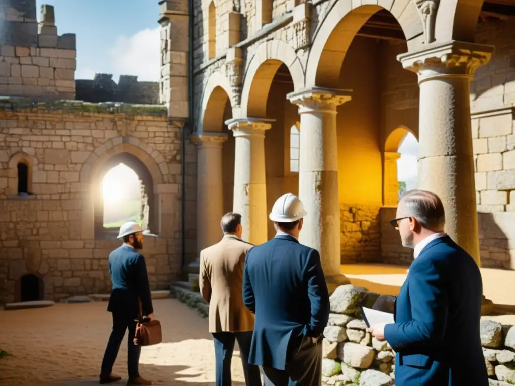 Equipo de arquitectos examina con meticulosidad la fachada de un castillo histórico, enfrentando desafíos restauración castillos históricos