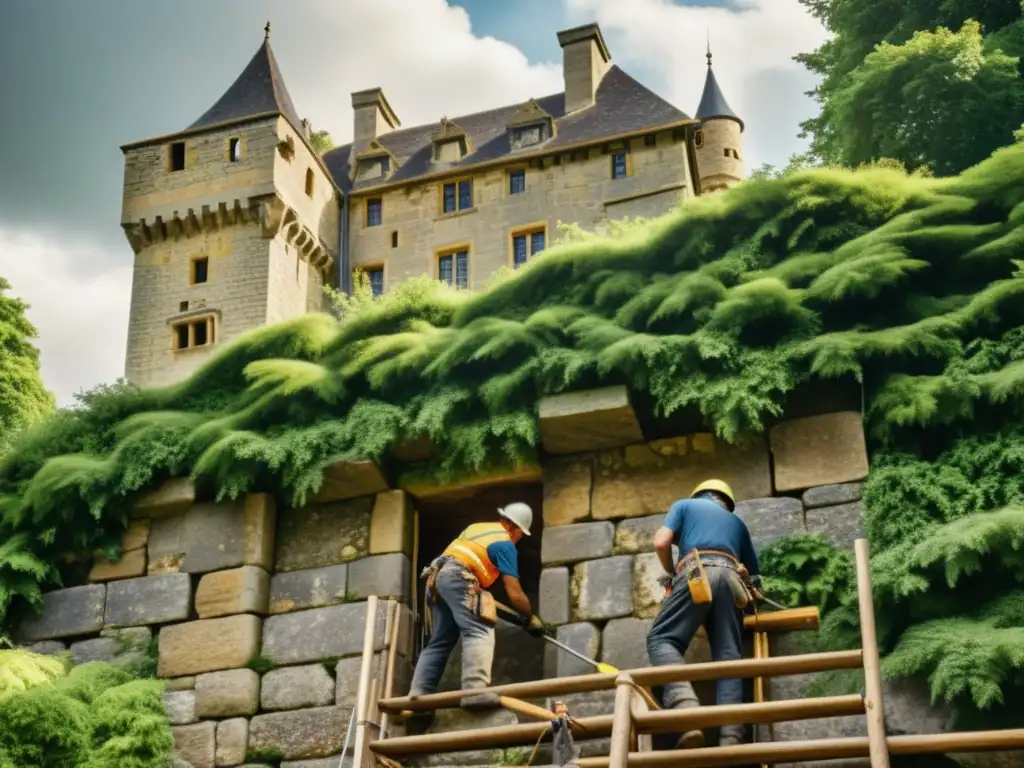 Equipo restaurando el castillo histórico, desafíos de restauración en la arquitectura antigua y belleza natural