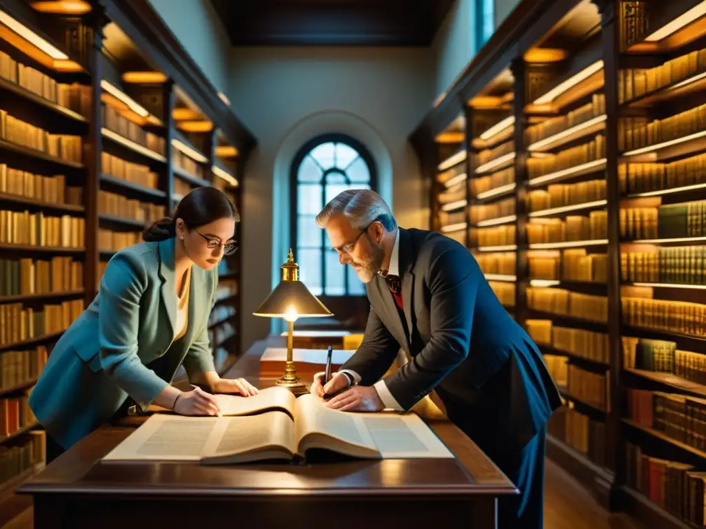 Un equipo de expertos examina materiales de construcción históricos en una antigua biblioteca, iluminados por lámparas de escritorio