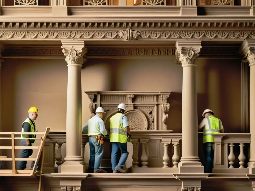 Equipo de expertos restaurando un edificio histórico Un equipo de expertos en restauración arquitectónica trabaja en la preservación de un edificio histórico
