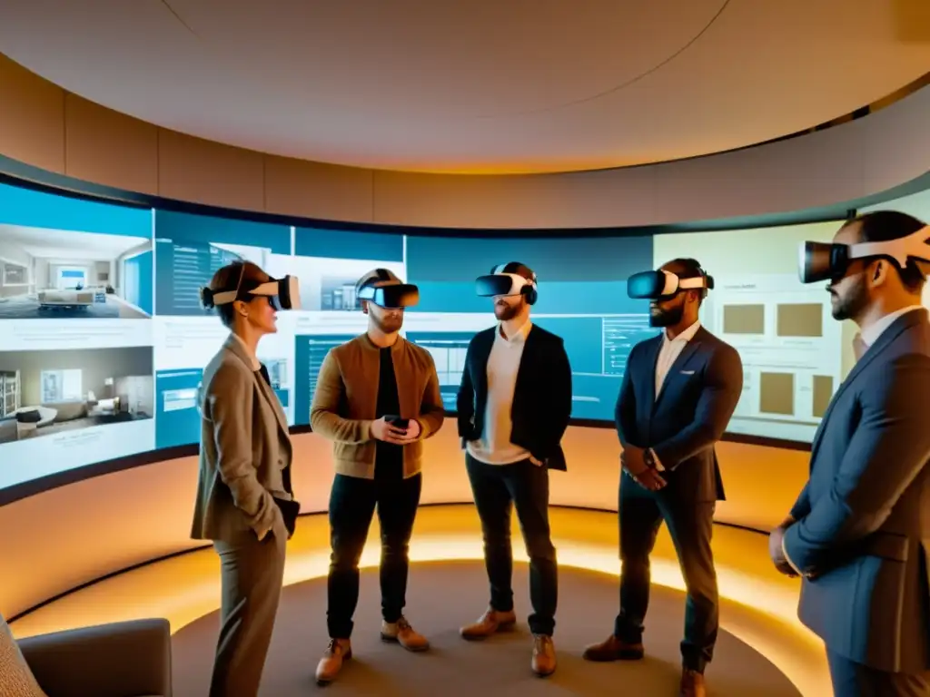 Un equipo de profesionales de la arquitectura utiliza plataformas de realidad virtual en una sala virtual, rodeados de planos y modelos arquitectónicos digitales, en una atmósfera cálida y nostálgica, colaborando en discusiones animadas