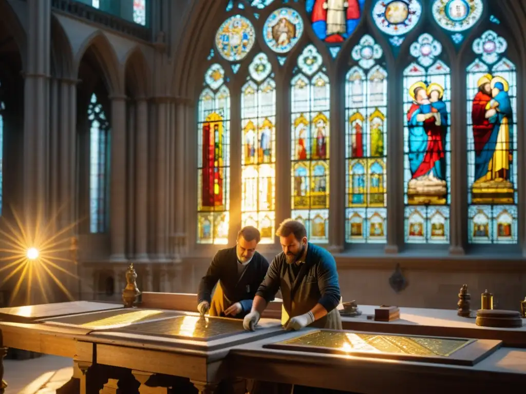 Equipo de restauración trabajando en detalladas esculturas de piedra y vitrales de catedral gótica en Europa, bañados por luz dorada