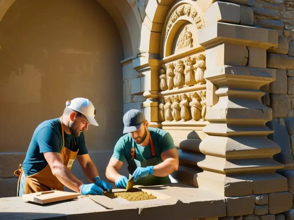 Equipo de restauración trabajando meticulosamente en la fachada de un castillo histórico, enfrentando desafíos restauración castillos históricos