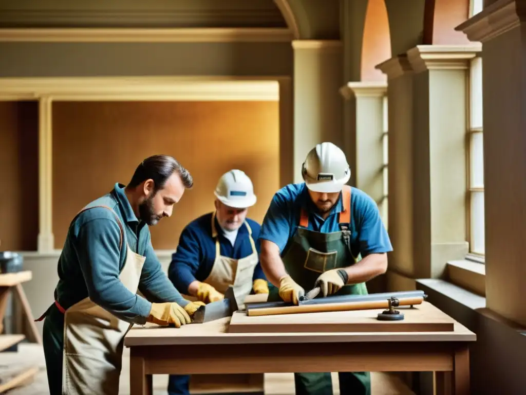 Un equipo de restauradores trabaja en la restauración de un edificio histórico, mostrando la integración tecnológica en restauración arquitectónica