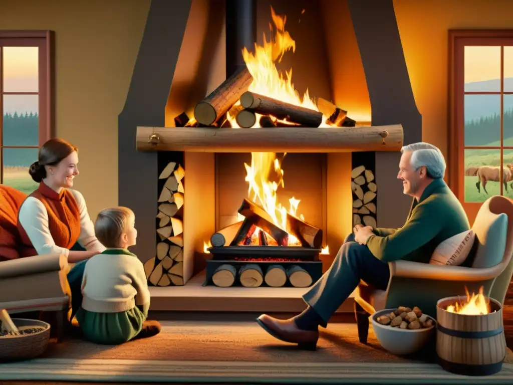 Una ilustración vintage de una escena rural tradicional, con una familia reunida alrededor de una chimenea rugiente, rodeada de troncos de biomasa de origen sostenible