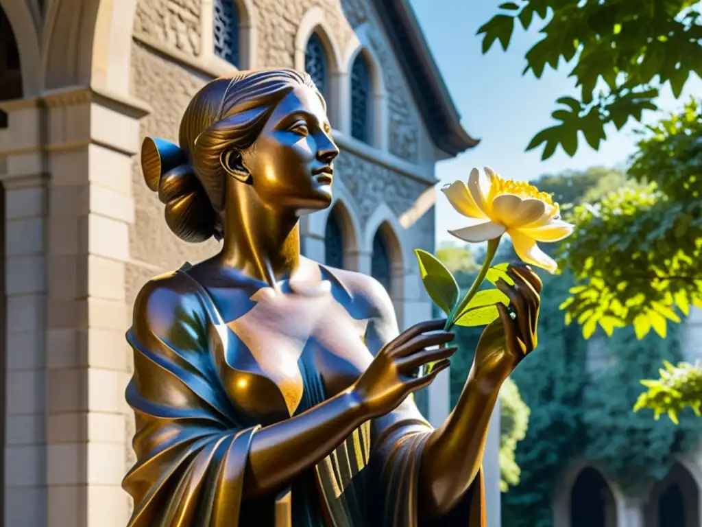 Escultura de bronce de una mujer con una flor, frente a un edificio histórico