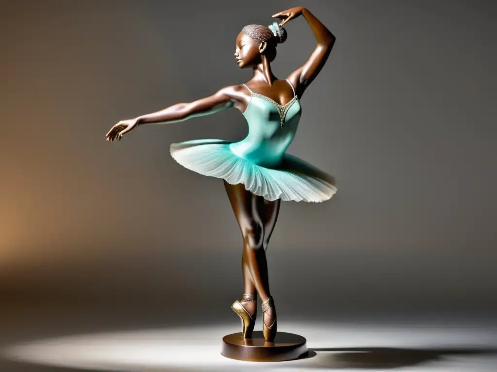 Escultura de bronce vintage de una bailarina elegante en un delicado equilibrio, iluminada por un foco