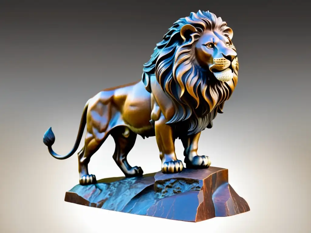 Escultura de bronce vintage: majestuoso león en un entorno histórico, evocando fuerza y elegancia atemporal