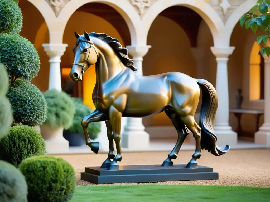 Escultura de caballo de bronce en patio histórico, iluminada por el cálido sol vespertino