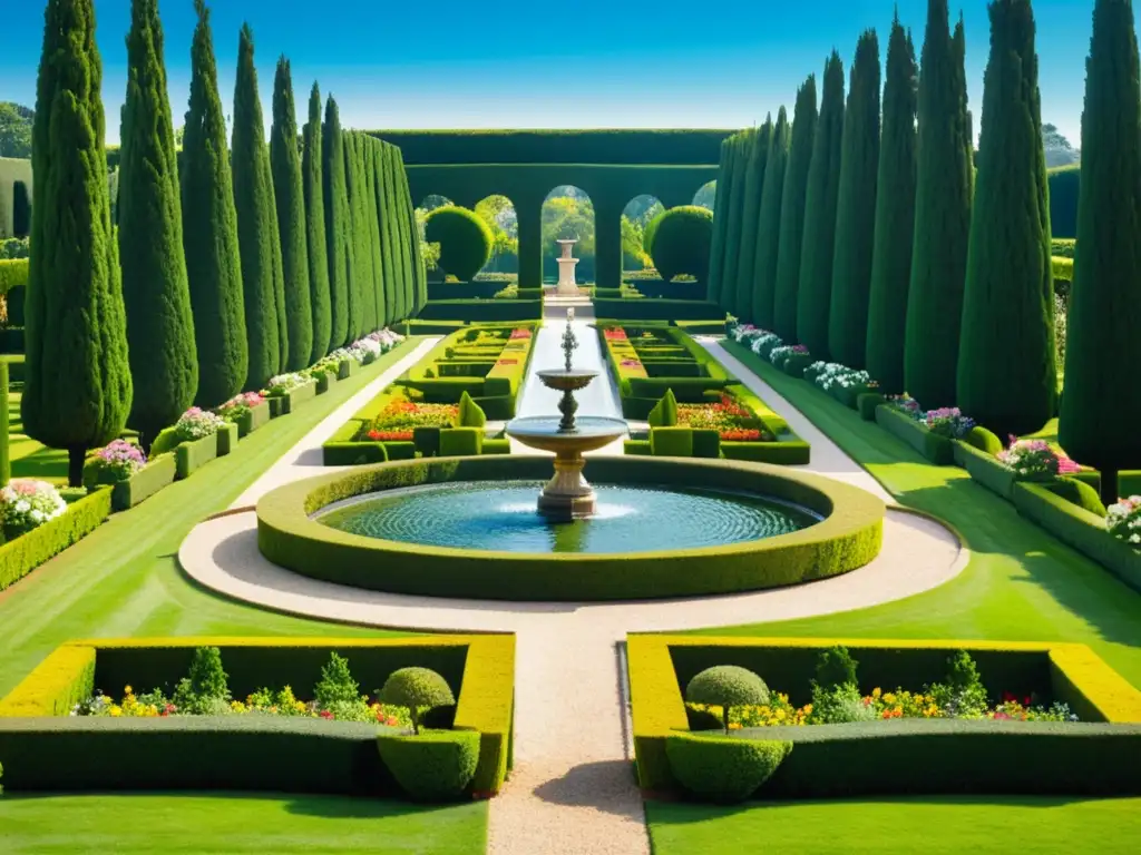 Jardín renacentista con diseño botánico, esculturas ornamentales, cipreses y flores vibrantes