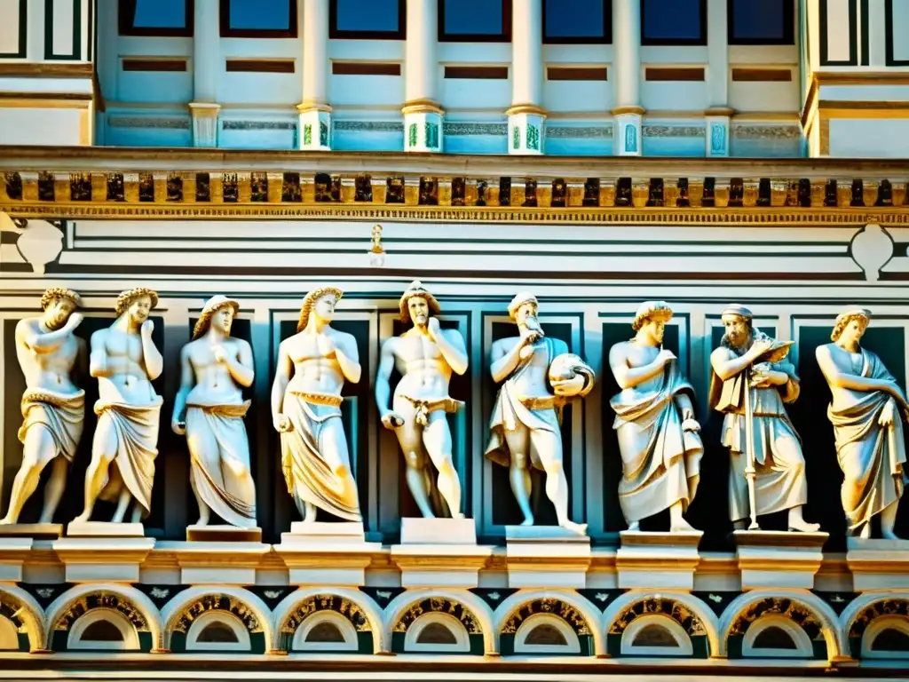 Esculturas renacentistas en arquitectura: Detalle de las intrincadas esculturas de mármol en la fachada de la Basilica di Santa Maria del Fiore en Florencia, iluminadas por la tarde