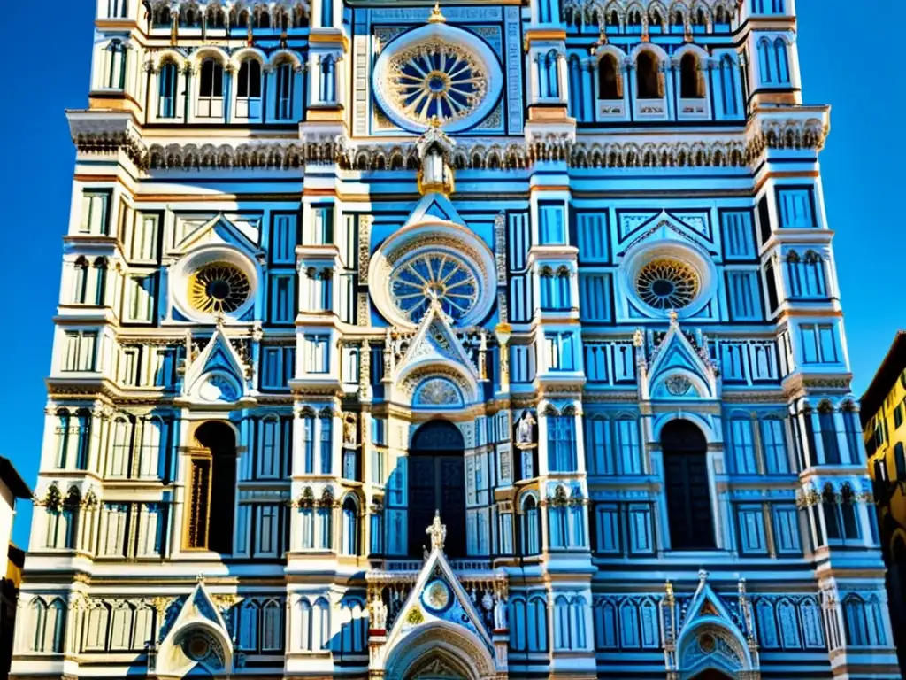 Esculturas renacentistas en arquitectura: Detalles dorados de la fachada de la Catedral de Florencia, resplandeciendo bajo el cielo azul