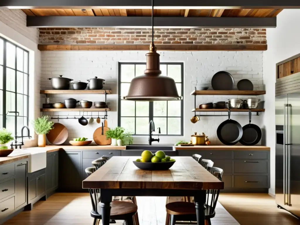 Espacio de cocina con estilo industrial chic, adaptando elementos vintage y modernos, enriquecido por la luz natural