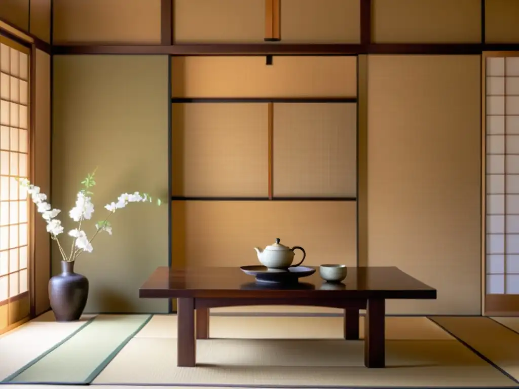 Espacio zen japonés con tatamis, Ikebana, kimono y aplicación principios japoneses decoración occidental