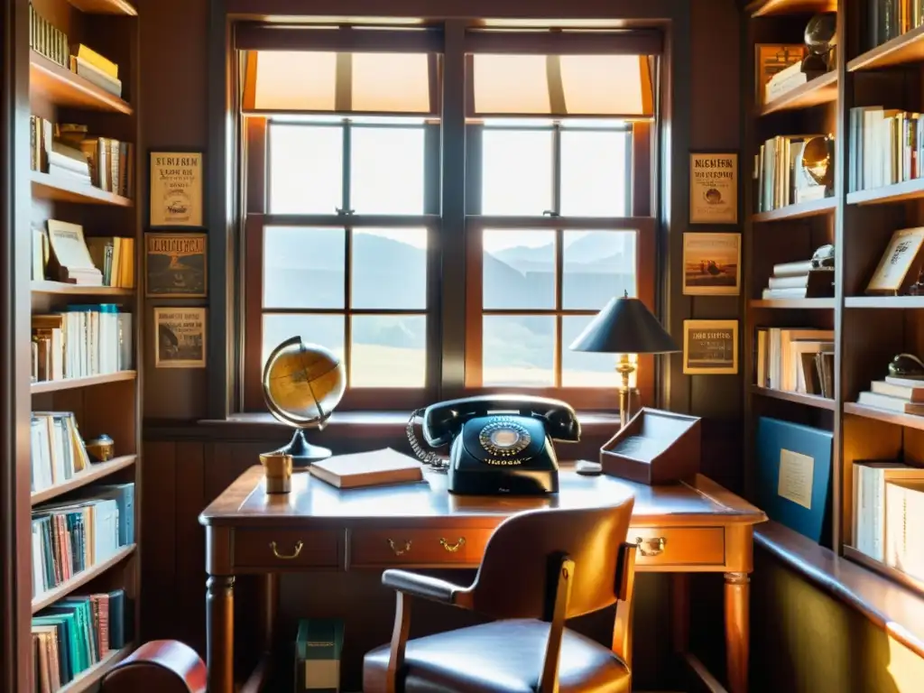 Un espacio de oficina vintage con una gran mesa de madera, máquina de escribir antigua y silla de cuero