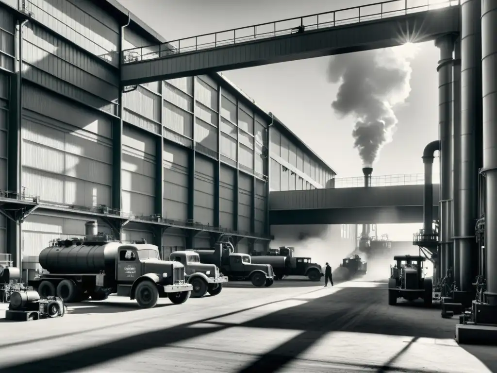 Rehabilitación de Espacios Industriales Históricos: Fotografía en blanco y negro de una bulliciosa fábrica en Oasis Verdes, evocando nostalgia por la era industrial