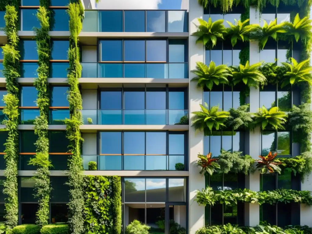 Espacios verdes verticales en arquitectura: Edificio moderno con exuberantes jardines verticales, luz solar entre las hojas y armonía natural