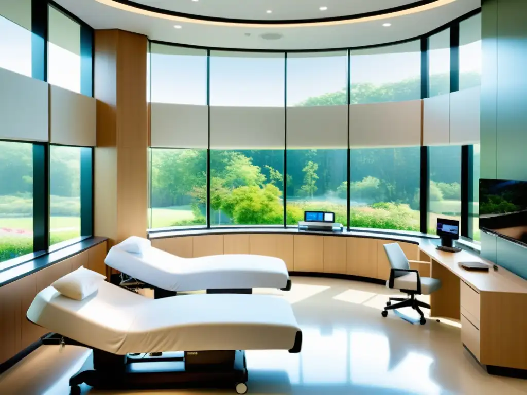 Habitación hospitalaria de última generación para cuidados de alta calidad Espacioso cuarto de hospital con camas ajustables automatizadas, iluminación inteligente y personal médico brindando atención de calidad