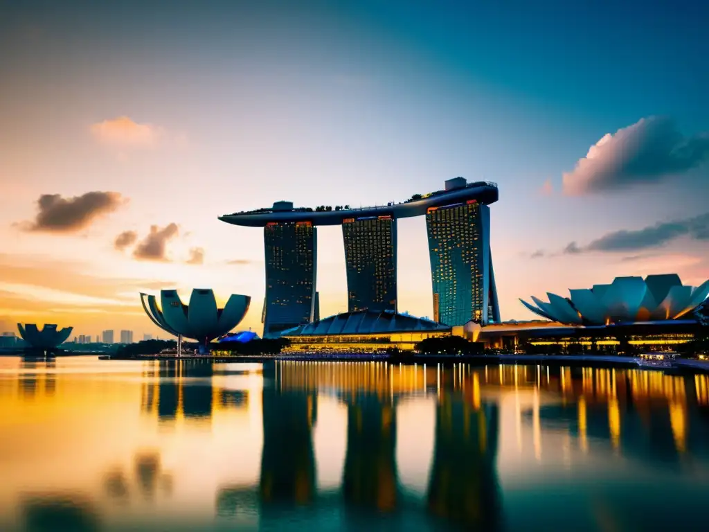 Espectacular arquitectura moderna biomimética en Asia: el icónico hotel Marina Bay Sands en Singapur, con un atardecer vibrante sobre la bahía