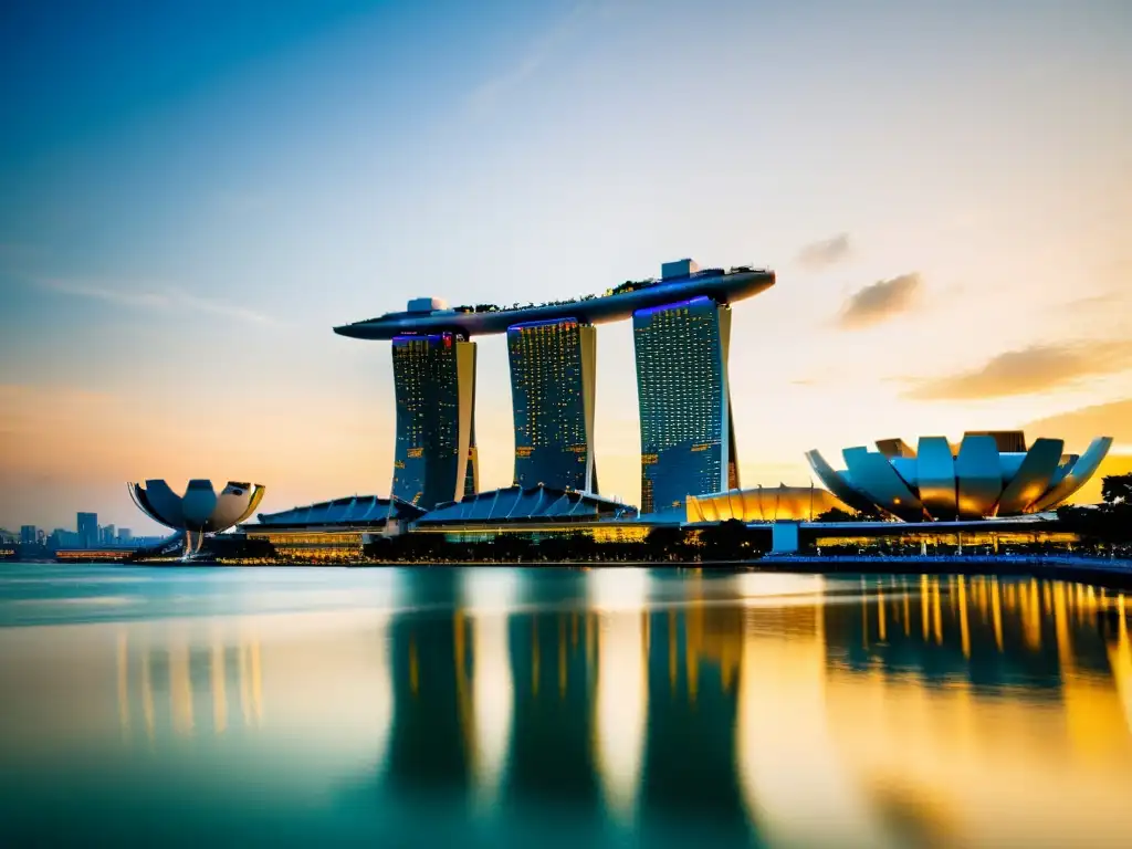 Espectacular atardecer en Marina Bay Sands, reflejando la influencia del clima en arquitectura asiática