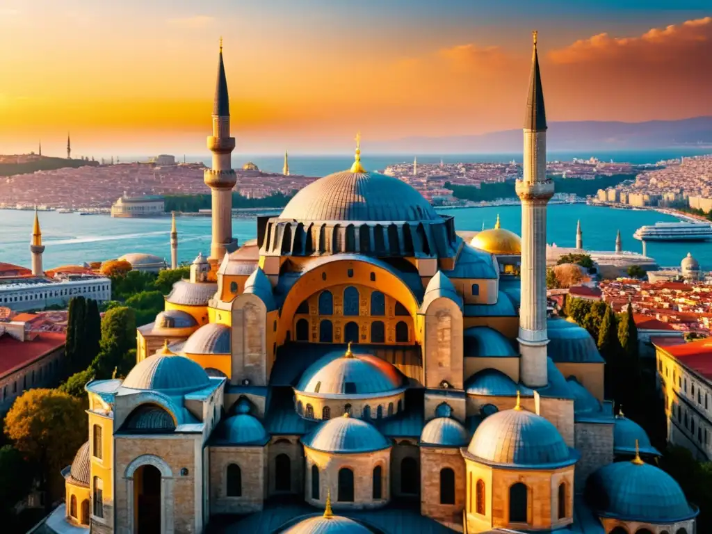 Espectacular Hagia Sophia al atardecer, con detalles arquitectónicos bizantinos y minaretes, influencia religión oriental arquitectura occidental