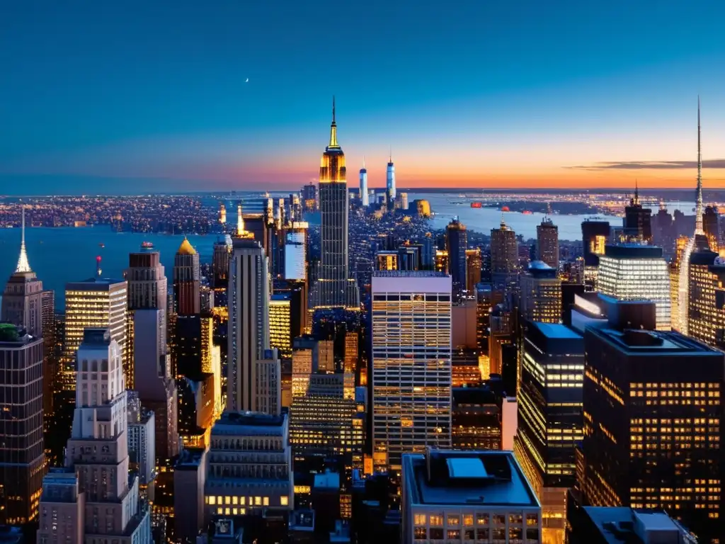 Espectacular imagen en 8k de Nueva York de noche, con el icónico Empire State Building y otros rascacielos iluminados