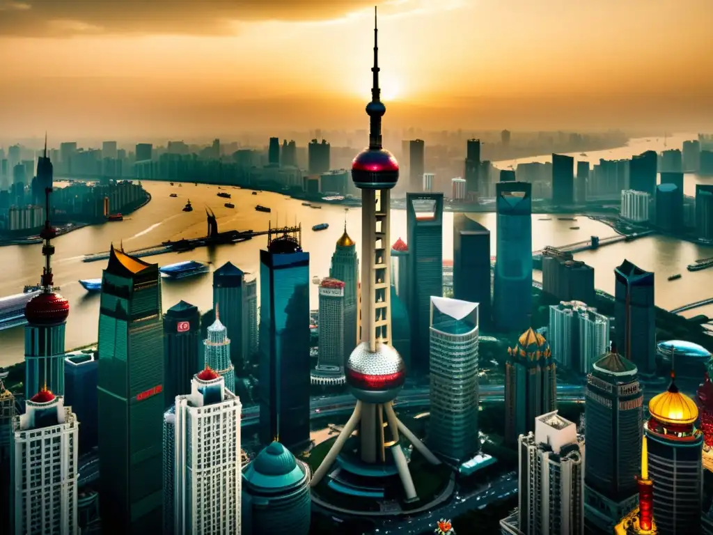 Espectacular paisaje urbano de Shanghai al atardecer, con la icónica Torre Perla Oriental y la fascinante arquitectura moderna china