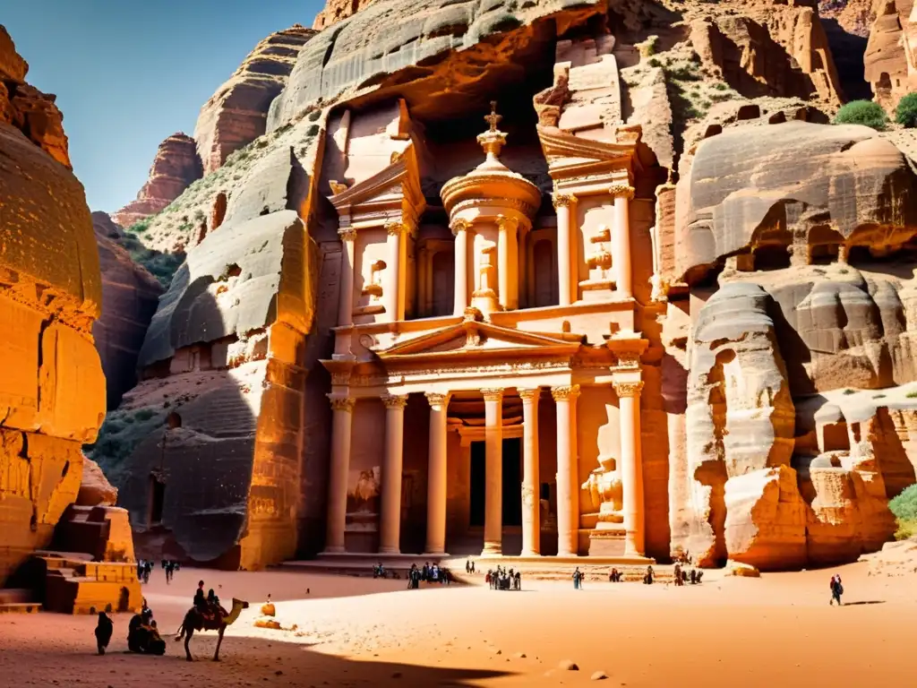 Espléndida arquitectura de civilizaciones desaparecidas en Petra, con tonos cálidos y detalles intrincados, capturando la grandeza del pasado