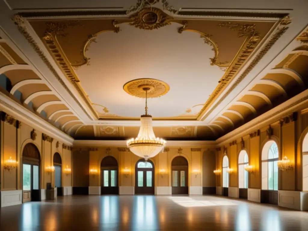 Espléndida decoración interior de arquitectura clásica en gran salón con estuco, frescos y mobiliario antiguo, ensoñadora opulencia