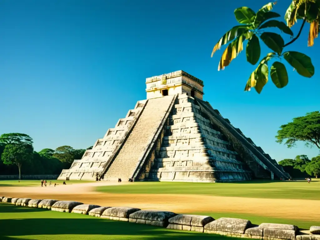 Espléndida arquitectura Maya y Azteca en la antigua ciudad de Chichén Itzá, con El Castillo bañado por la luz dorada del sol