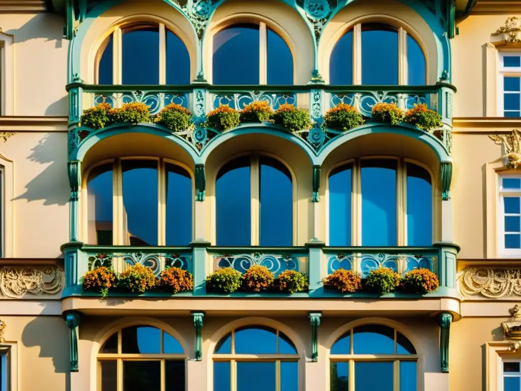 Espléndida fachada Art Nouveau en Praga, bañada por la cálida luz del sol