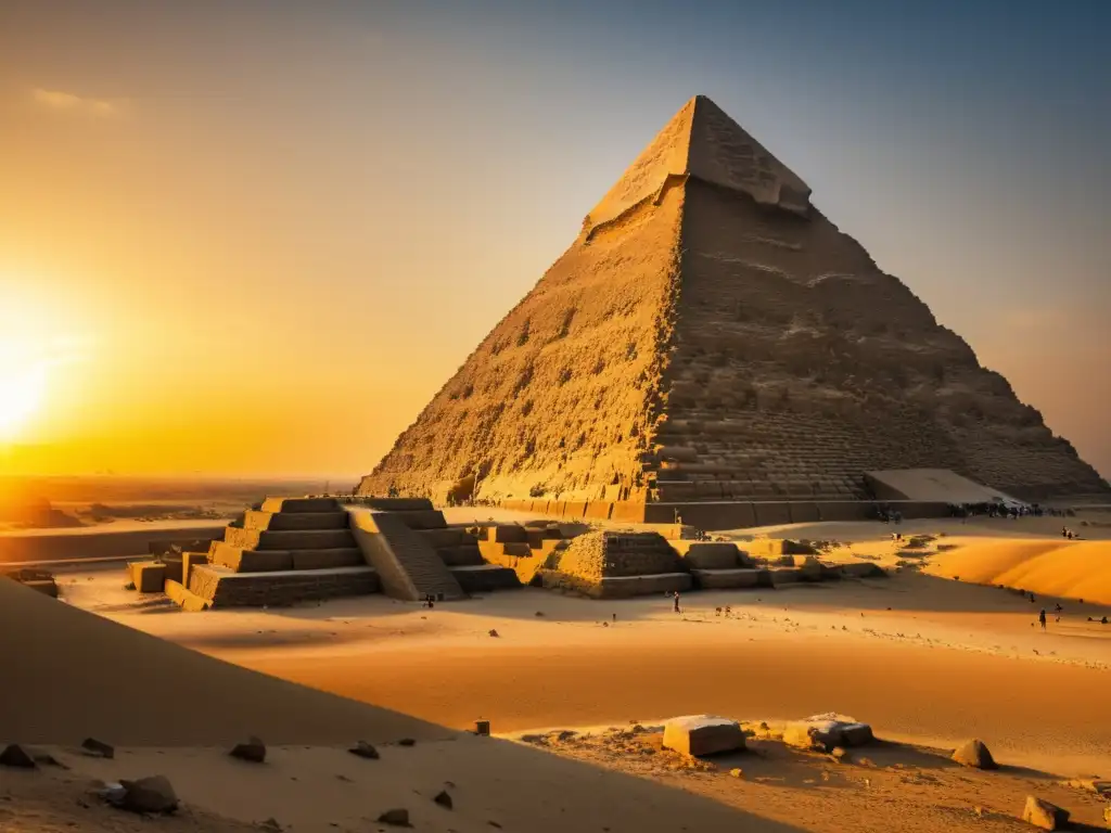 Espléndida fotografía vintage de la Gran Pirámide de Giza al atardecer, irradiando grandeza y detalle arquitectónico