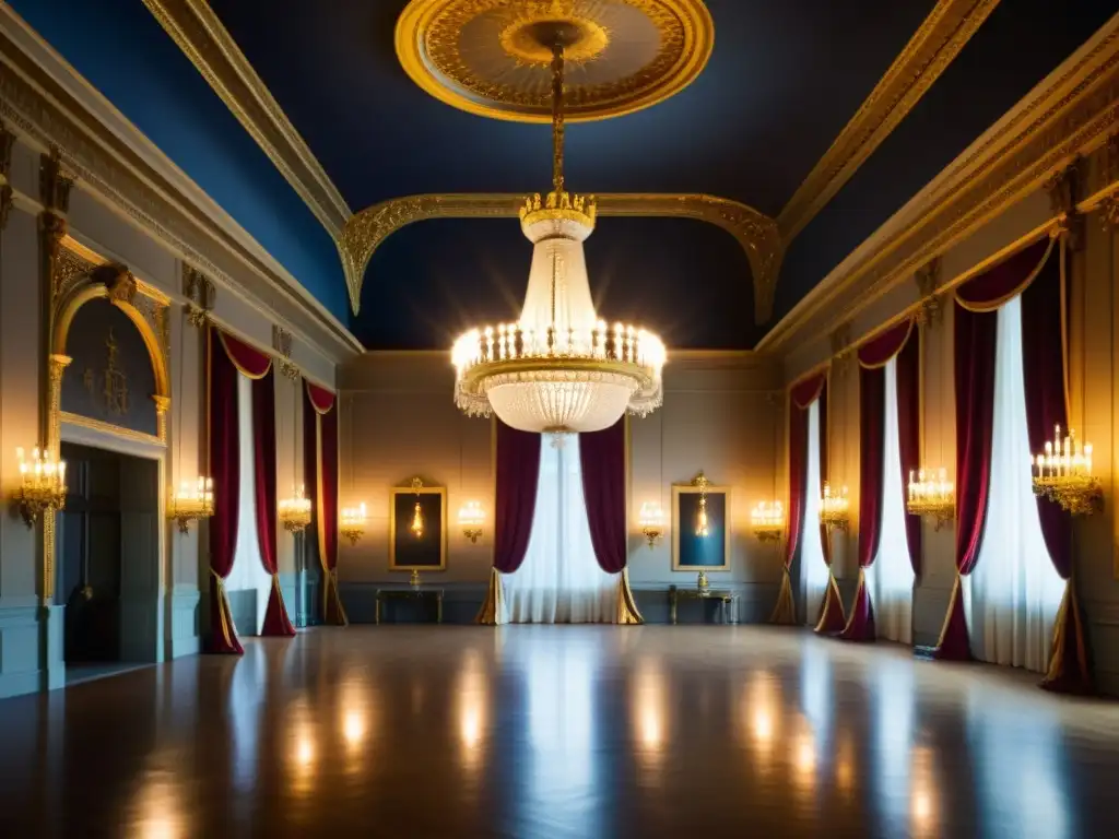 Espléndida sala de baile en palacio real convertido en hotel, con lujosos detalles, frescos en el techo y cortinas de terciopelo vintage