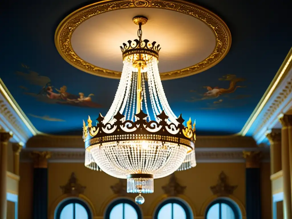 Espléndido candelabro en palacio real convertido en hotel, iluminando la opulenta sala con su encanto vintage y cristales relucientes