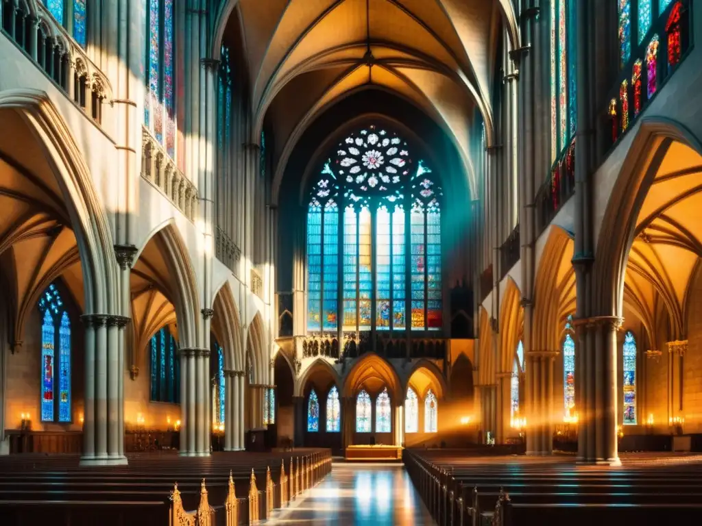 Espléndido estudio de iluminación en arquitectura gótica, mostrando la majestuosidad de una catedral con luz multicolor