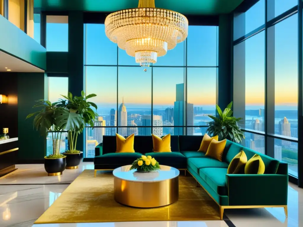 Espléndido lobby de hotel con vistas a la ciudad, muebles de terciopelo y toques dorados