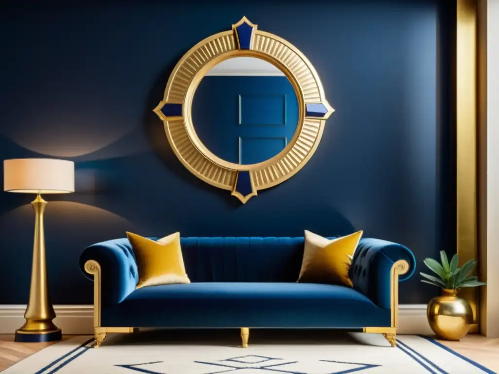 Espléndido salón con inspiración egipcia en decoración contemporánea: opulencia en tonos dorados y azules, motivos egipcios y mobiliario moderno